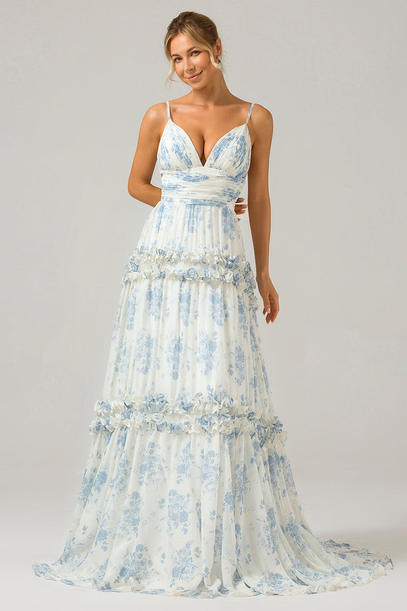 Laden Sie das Bild in den Galerie-Viewer, Weißes blaues Blumen A-Linie langes Tüll Brautjungfernkleid mit Rüschen