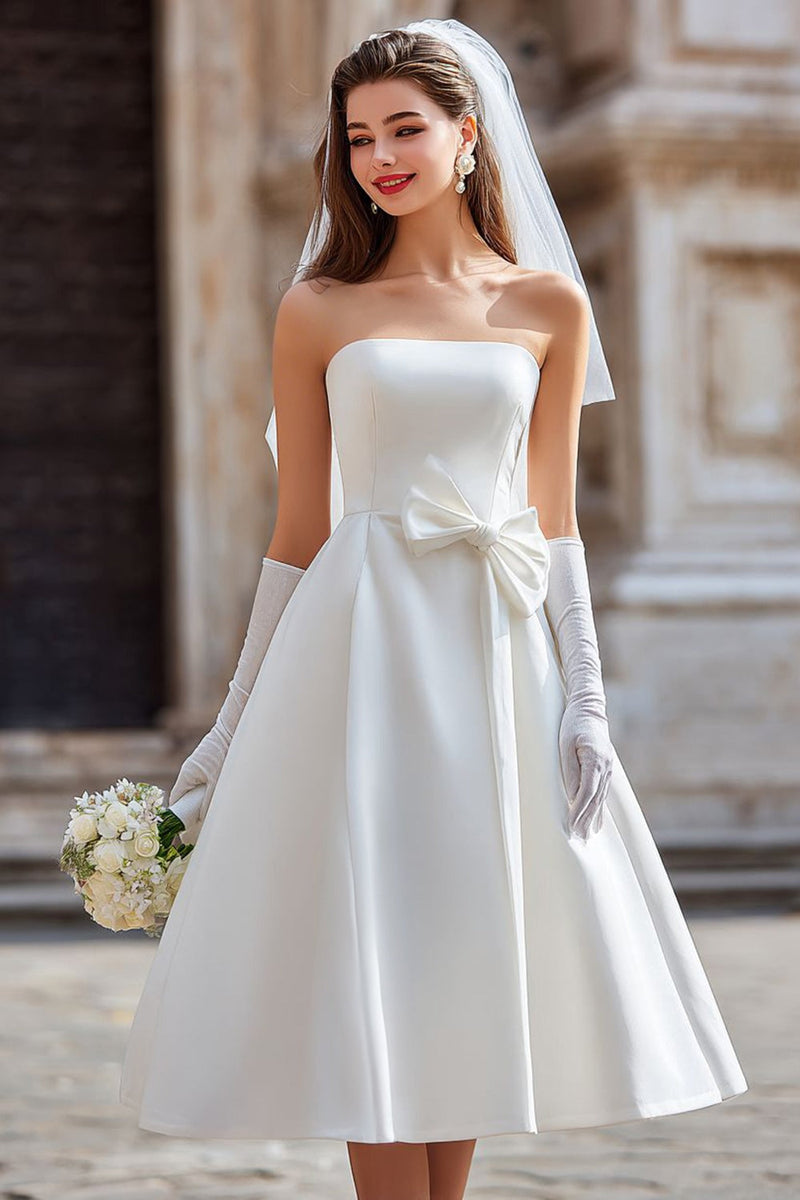 hochzeitskleid mit handschuhe ZAPAKA Frauen Weißes Satin Midi Hochzeitskleid Ohne Handschuhe Trägerloses  A-Linie Standesamtkleid mit Schleife – ZAPAKA DE