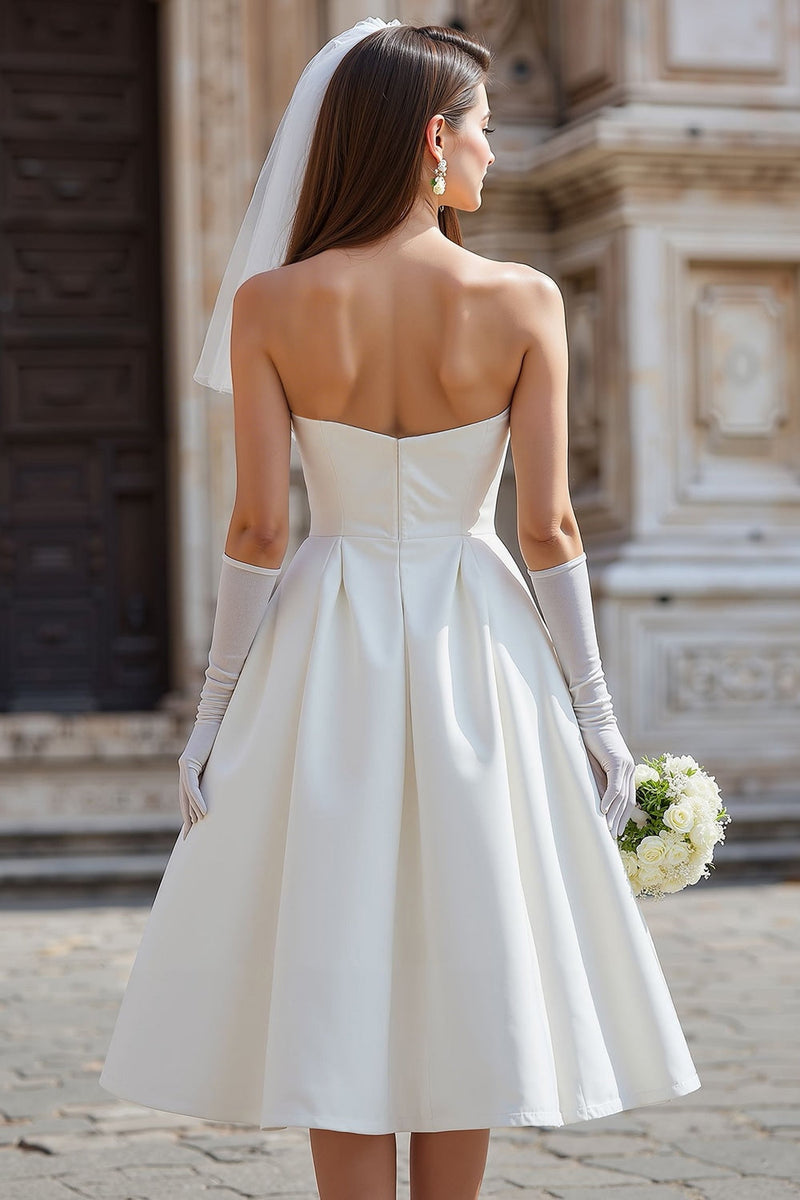 ZAPAKA Frauen Weißes Satin Midi Hochzeitskleid Ohne Handschuhe Trägerloses A-Linie Standesamtkleid mit Schleife – ZAPAKA DE