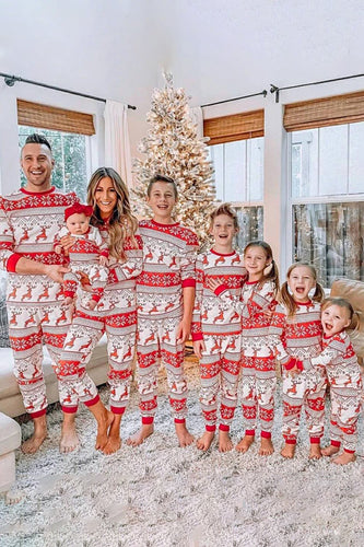 Rotes Schneeflocken- und Hirschmuster-Weihnachts-Familie-Pyjama-Set