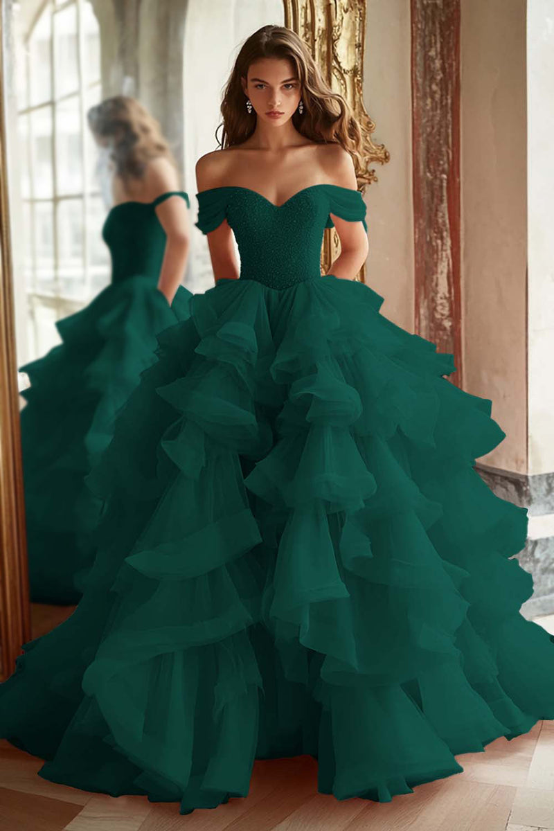 HUINI Ballkleider Lang Rüsche Abendkleid Rückenfr Produktbild-Vorschau 5