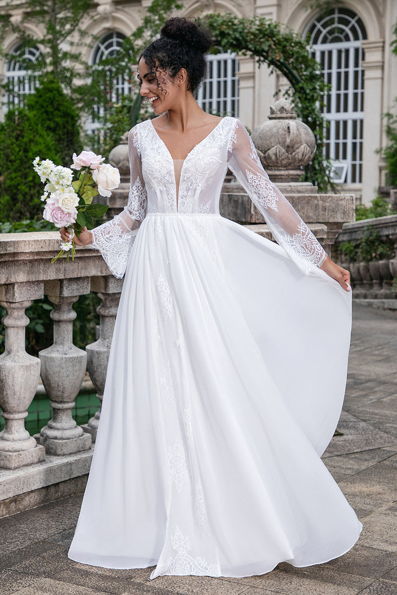Spitzen Hochzeitskleid Mit V-Ausschnitt - Brautkleid Mit Ärmeln
