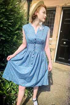 Blau 1950er Knopf Plaid Swing Kleid