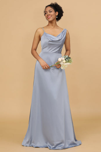 A-Linie Asymmetrischer Ausschnitt Grau Blau Satin Langes Brautjungfer Kleid
