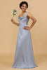 Laden Sie das Bild in den Galerie-Viewer, A-Linie Asymmetrischer Ausschnitt Grau Blau Satin Langes Brautjungfer Kleid
