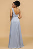 Laden Sie das Bild in den Galerie-Viewer, A-Linie Asymmetrischer Ausschnitt Grau Blau Satin Langes Brautjungfer Kleid
