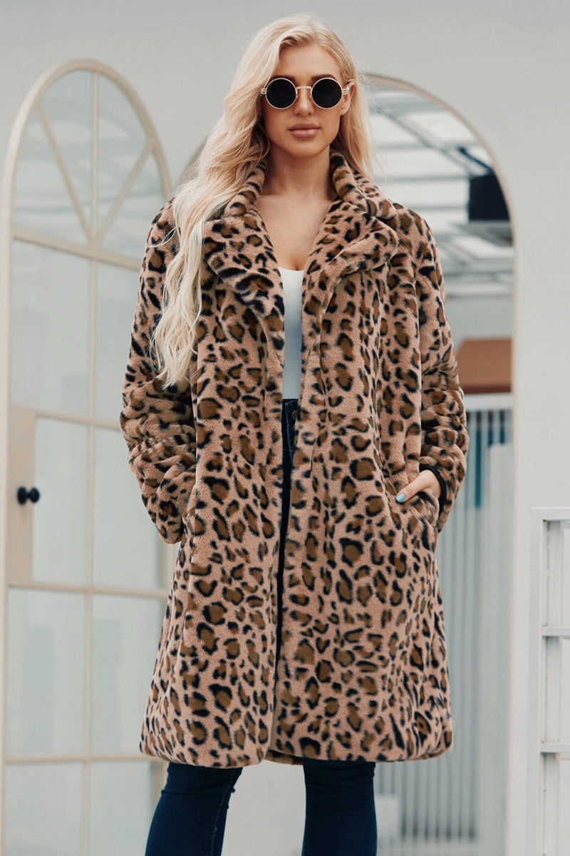 Zapaka Brauner gekerbter Revers Leoparden DE – Kunstpelzmantel Leopardenmuster Mantel ZAPAKA lange Frauen für mit
