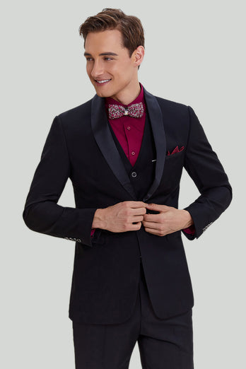Schwarzer Herren 3-teiliger Slim Fit Schal Revers Anzug