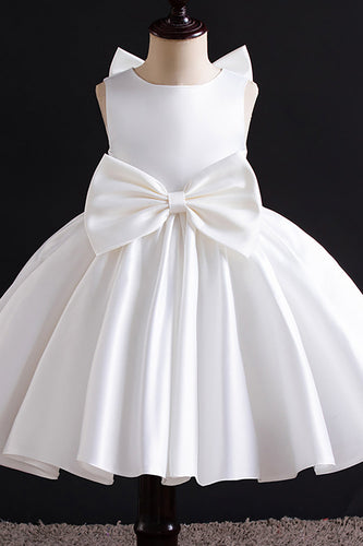 Weißes plissiertes A-Linie Satin Mädchenkleid mit Schleife