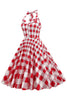 Laden Sie das Bild in den Galerie-Viewer, Rot kariertes Neckholder 1950er Jahre Swing Kleid