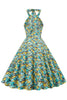 Laden Sie das Bild in den Galerie-Viewer, Blaues gelbes Blumen Neckholder Pin-up Kleid