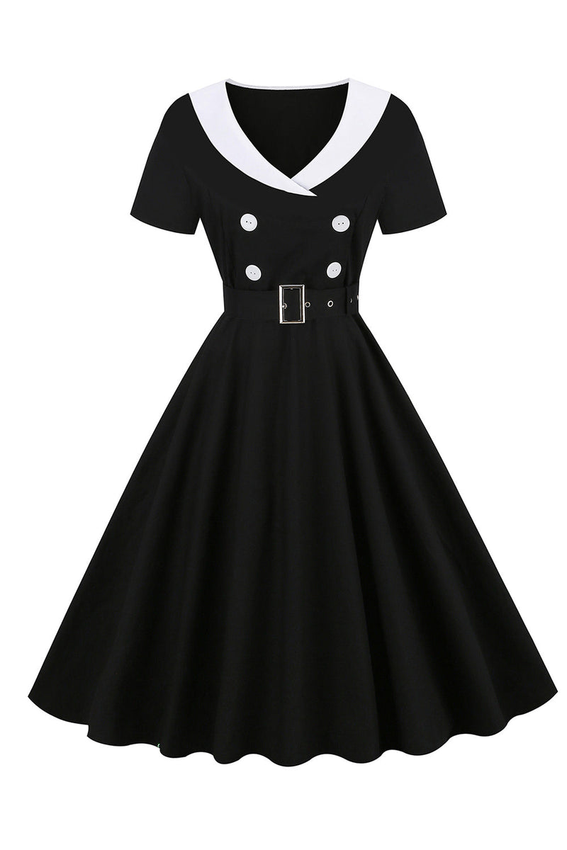 Laden Sie das Bild in den Galerie-Viewer, Schwarzes Swing kleid aus den 1950er Jahren mit Gürtel