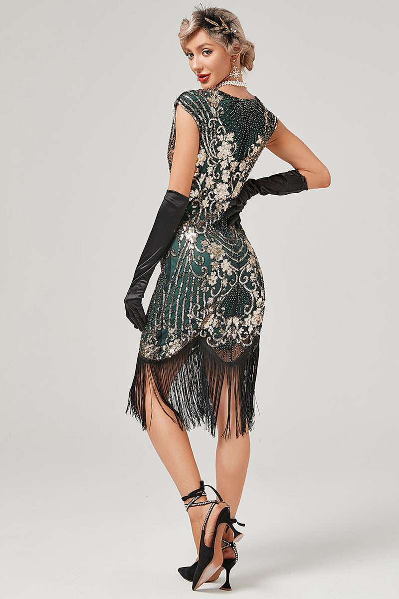 Blulu 9-teiliges 1920er Flapper-Kleid Set – V-Ausschnitt Mit Pailletten & Fransen, In Grün, Größen S–XXL, Inklusive Perlenkette, Armband, Handschuhe, Netzstrumpf & Mehr – Ideal Für Gatsby-Partys & Halloween