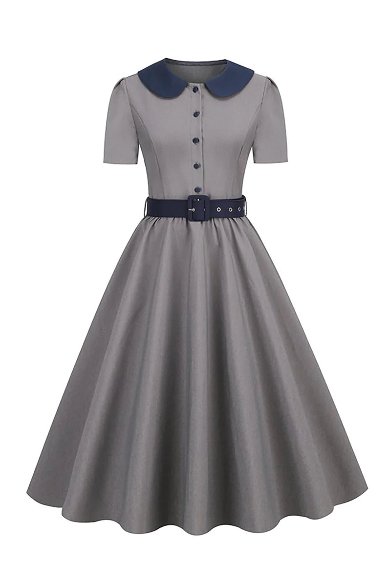 Laden Sie das Bild in den Galerie-Viewer, Peter Pan Kragen Grau 1950er Jahre Kleid mit Gürtel