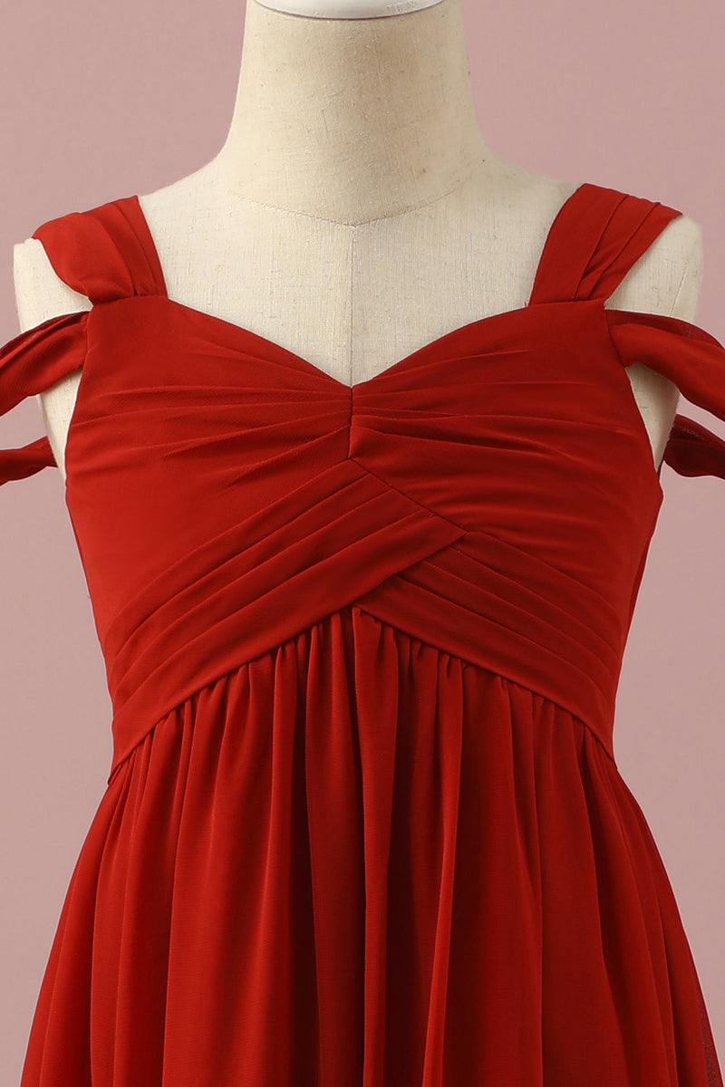 Laden Sie das Bild in den Galerie-Viewer, Rotes Chiffon Kalte Schulter Junior Brautjungfernkleid