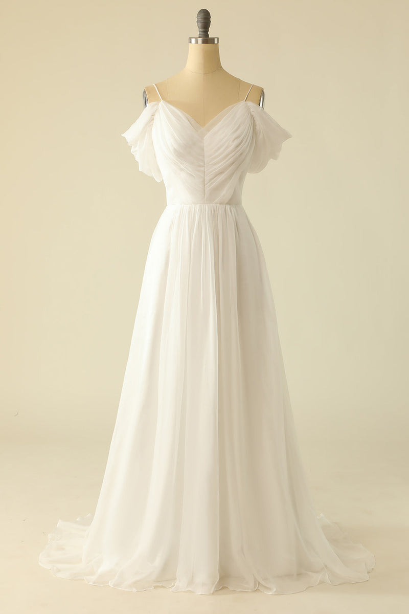Laden Sie das Bild in den Galerie-Viewer, Weißes Schulterfreies Tüll Brautkleid