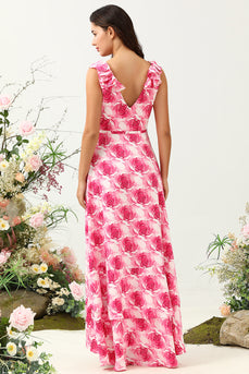 Langes V-Ausschnitt rosa Brautjungfernkleid mit Blumendruck und Rüschen