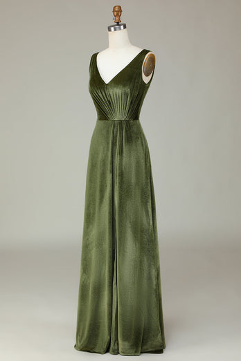 V-Ausschnitt Ärmelloses Olivgrün Brautjungfernkleid aus Samt