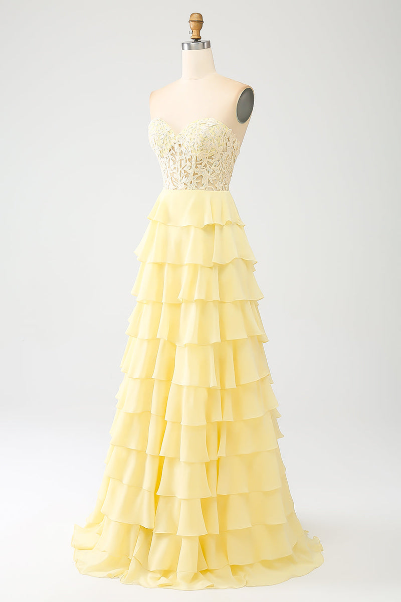 ZAPAKA Damen Gelbes Gestuftes Ballkleid A Linie Herzausschnitt Korsett zapaka-damen-gelbes-gestuftes-ballkleid-a-linie-herzausschnitt-korsett