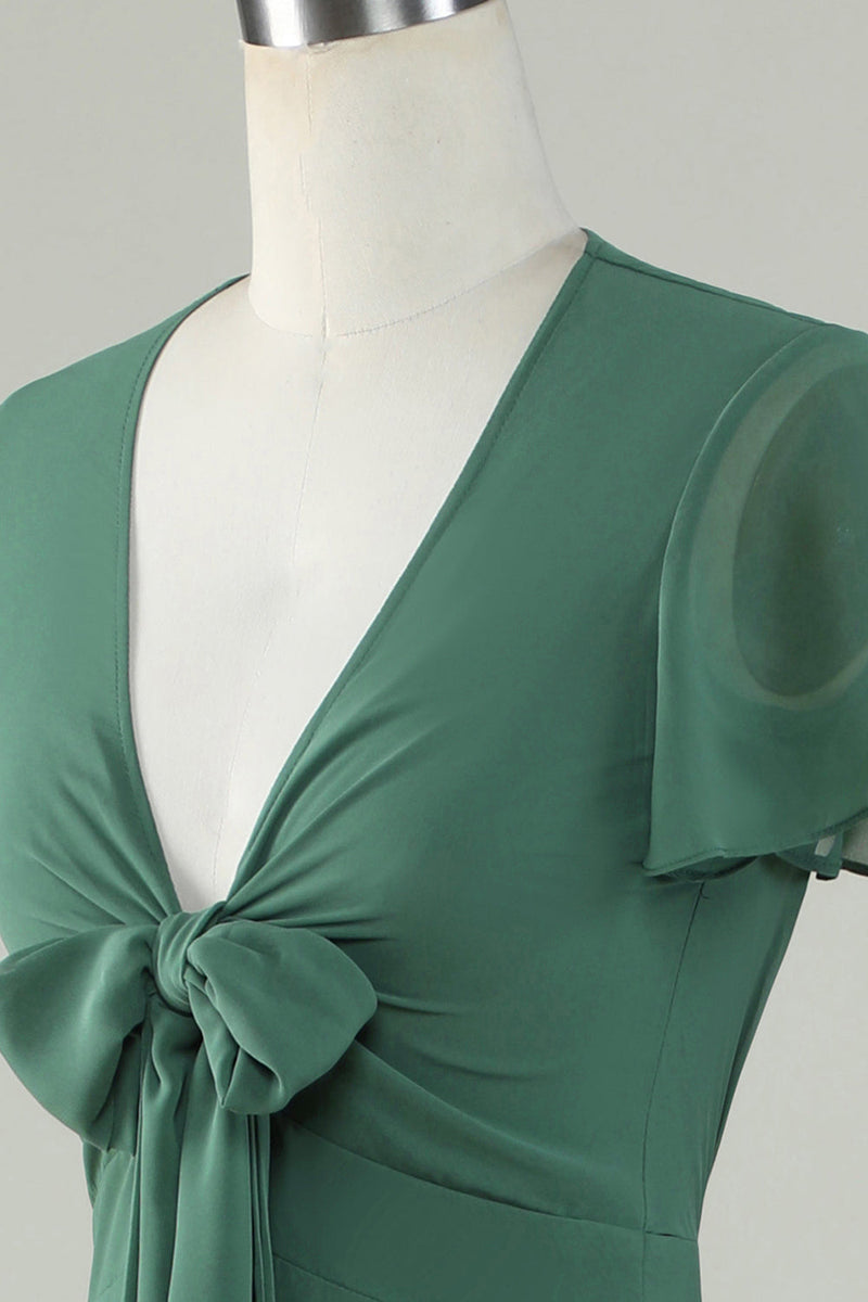 Laden Sie das Bild in den Galerie-Viewer, V-Ausschnitt Kurzarm Eukalyptus Brautjungfer Kleid mit Schleife