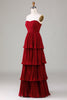 Laden Sie das Bild in den Galerie-Viewer, Trägerloses gestuftes burgunderrotes langes Brautjungfernkleid