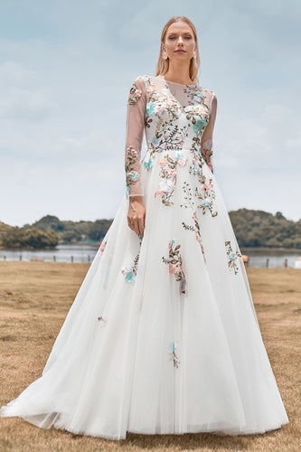Wunderschönes A-Linie Tül Langarm Brautkleid mit langen Ärmeln und Stickerei