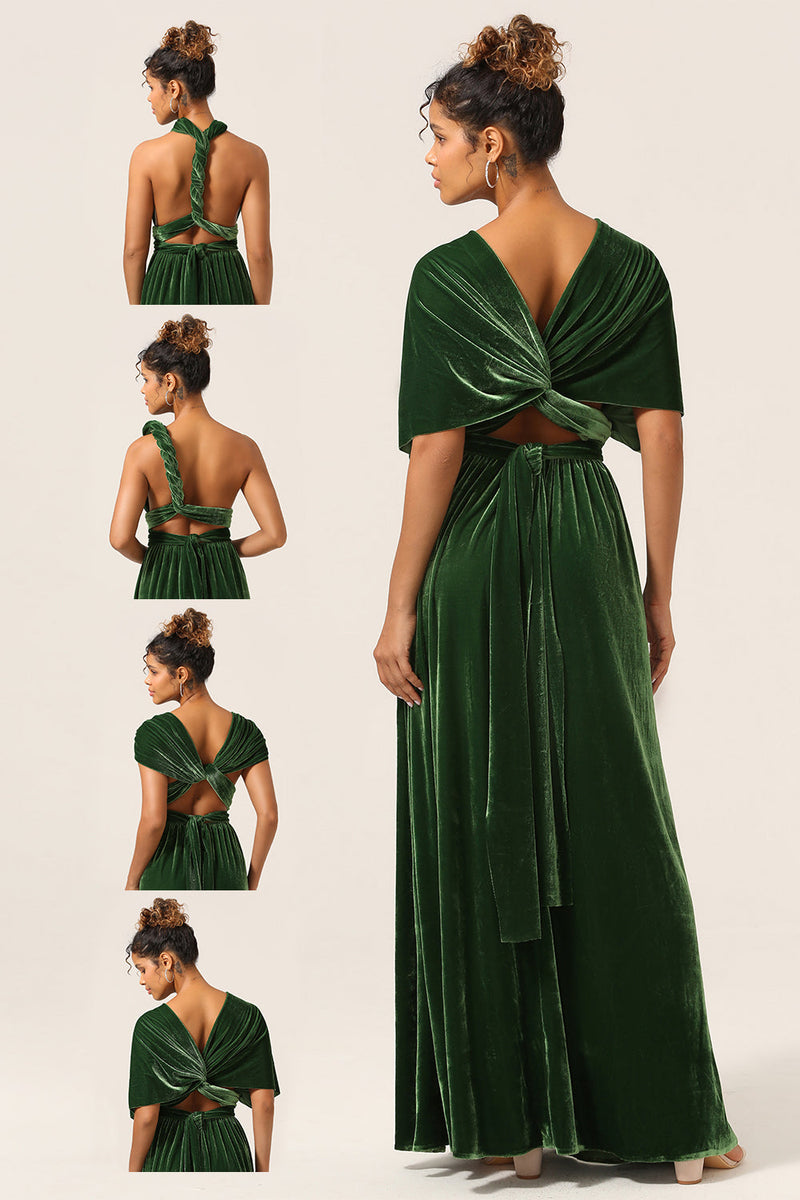 Laden Sie das Bild in den Galerie-Viewer, Elegantes A-Linie V-Ausschnitt Dunkelgrün Multi-tragen Samt Langes Brautjungfernkleid