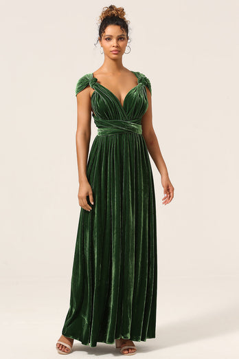 Elegantes A-Linie V-Ausschnitt Dunkelgrün Multi-tragen Samt Langes Brautjungfernkleid