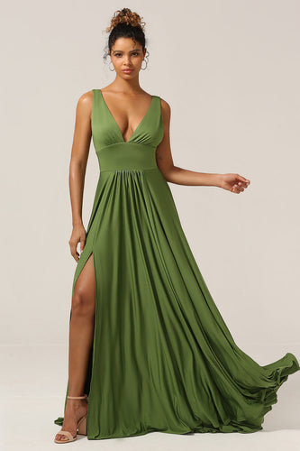 Elegantes A-Linie Olivgrünes ärmelloses langes Brautjungfernkleid mit tiefem V-Ausschnitt