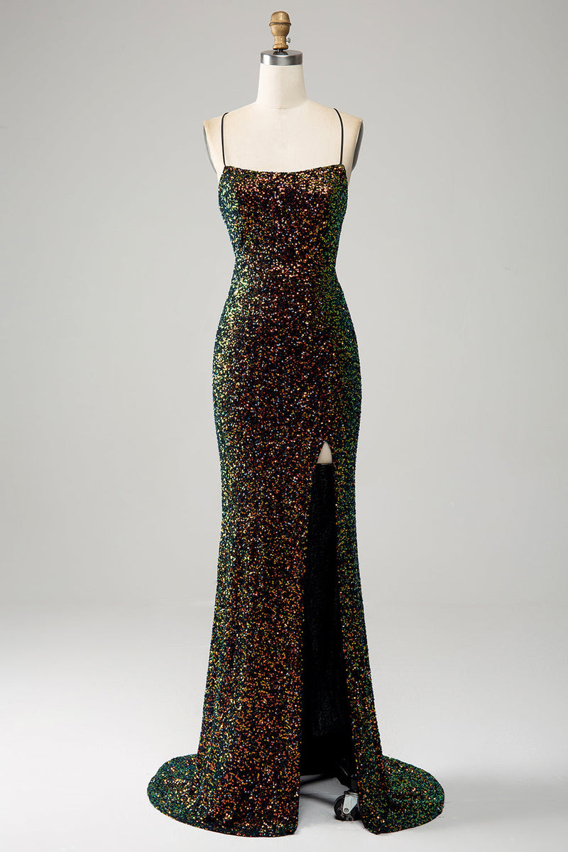 Glitzerndes blaues Spaghettiträger-Pailletten-Brautjungfernkleid mit Spitze und Schlitz hinten