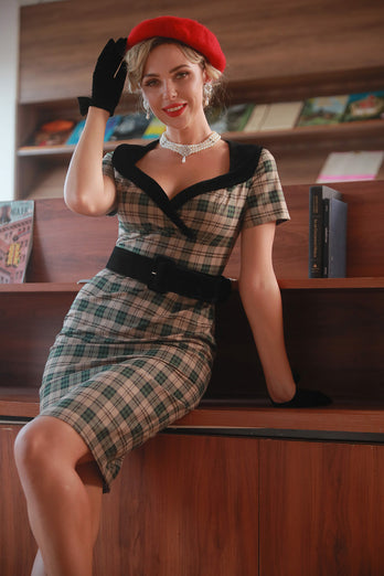 Khaki Plaid 1960er Jahre Vintage Kleid mit Gürtel