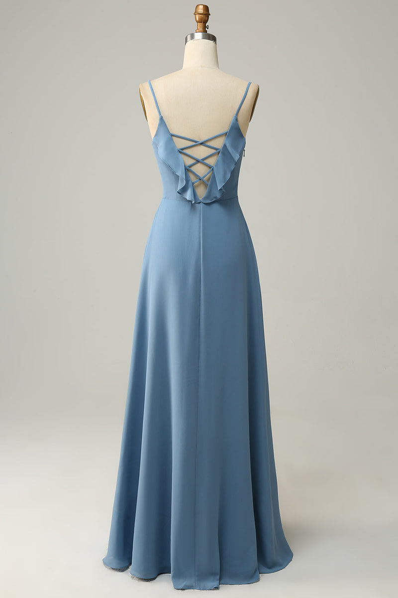 Laden Sie das Bild in den Galerie-Viewer, A Linie Spaghettiträger Grau Blau Langes Brautjungfernkleid mit Rüschen