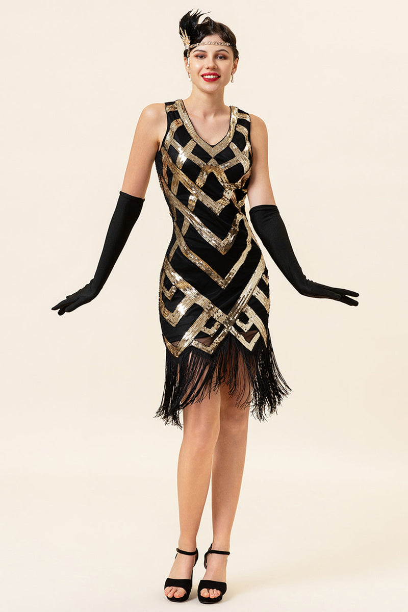Laden Sie das Bild in den Galerie-Viewer, Goldenes ärmelloses Fransen Flapper Kleid mit 1920er Accessoires Set