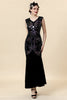 Laden Sie das Bild in den Galerie-Viewer, Schwarze Pailletten Langes Gatsby Kleid mit 20er Jahre Accessoires Set