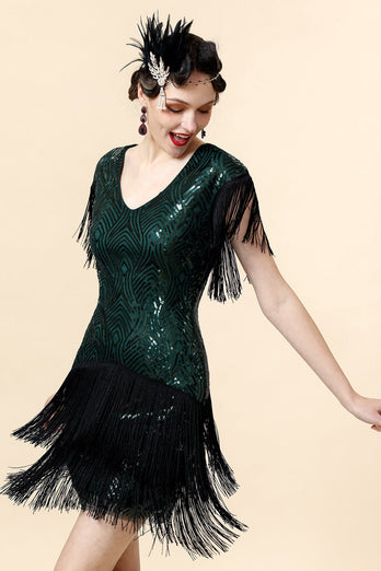 Fransen Grün Pailletten Flapper Kleid mit 1920er Jahre Accessoires Set