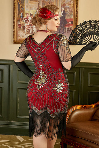 Goldenes und rotes 1920er Jahre Übergröße Kleid mit 20er Jahre Accessoires Set