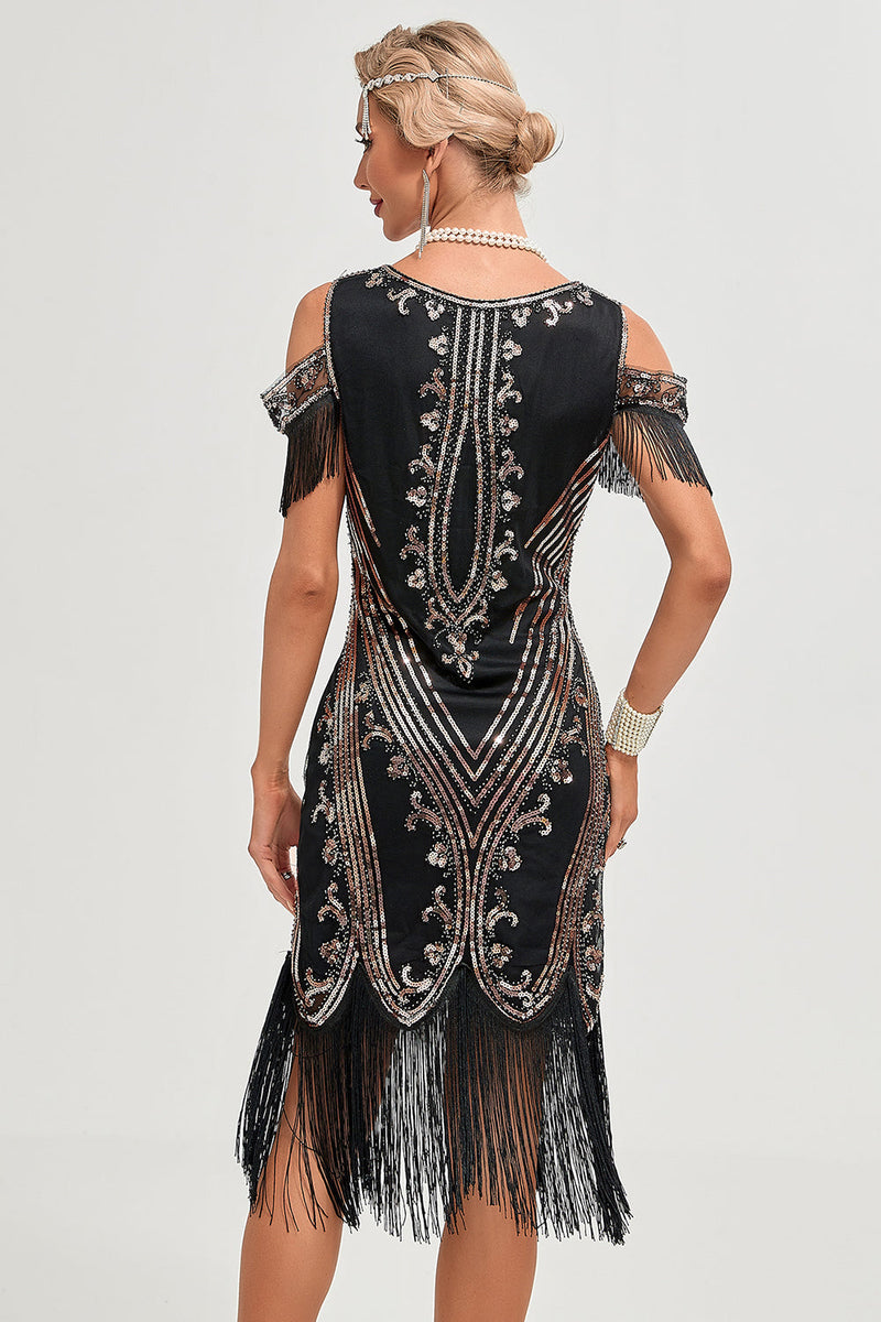 Laden Sie das Bild in den Galerie-Viewer, Glitzer schwarze Pailletten Fransen 1920er Jahre Gatsby Kleid mit Accessoires Set