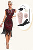 Laden Sie das Bild in den Galerie-Viewer, Burgunderrotes Fransen Glitzer Flapper Kleid mit Accessoires