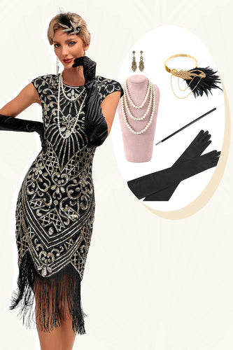Glitzerndes Fransenkleid Schwarzes goldenes Flapper Kleid mit Accessoires