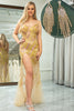 Laden Sie das Bild in den Galerie-Viewer, Atemberaubendes Meerjungfrauen Spaghettiträger Golden Ballkleid mit Schlitz und Accessoires
