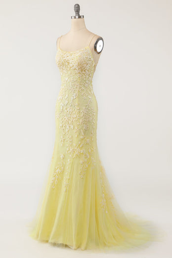 Gelbe Meerjungfrau Long Prom Kleid mit Applikationen