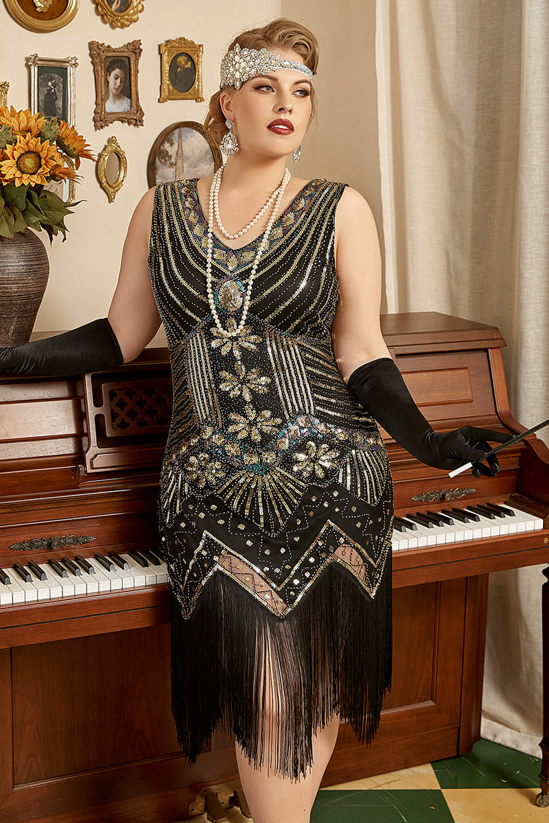 Laden Sie das Bild in den Galerie-Viewer, Schwarzes 1920er Jahre Übergröße Perlen Pailletten Flapper Kleid