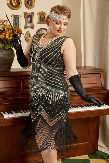 Schwarzes 1920er Jahre Übergröße Perlen Pailletten Flapper Kleid