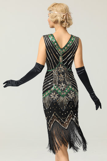Schwarz Glitzer Franse 1920er Flapper Kleid