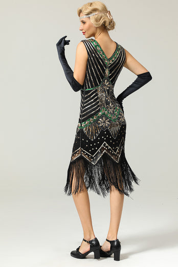 Schwarz Glitzer Franse 1920er Flapper Kleid