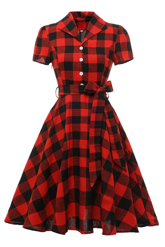 Rotes Plaid Kurzarm Vintage Kleid