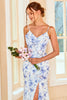 Laden Sie das Bild in den Galerie-Viewer, Sheath Spaghetti Träger Blau Blumenprint Lange Brautjungfer Kleid mit Schlitz