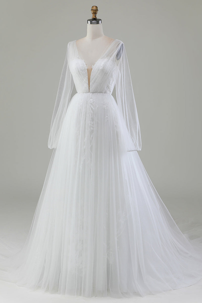 Laden Sie das Bild in den Galerie-Viewer, Elfenbein A-Linie Hochzeitskleid aus plissiertem Tüll mit V-Ausschnitt und langen Ärmeln