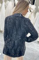 Laden Sie das Bild in den Galerie-Viewer, Glitzernder schwarzer Pailletten Blazer mit Federn und Reversen