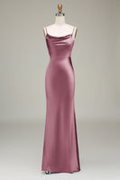 Laden Sie das Bild in den Galerie-Viewer, Staubblaues Spaghettiträger Etui Satin Langes Brautjungfernkleid